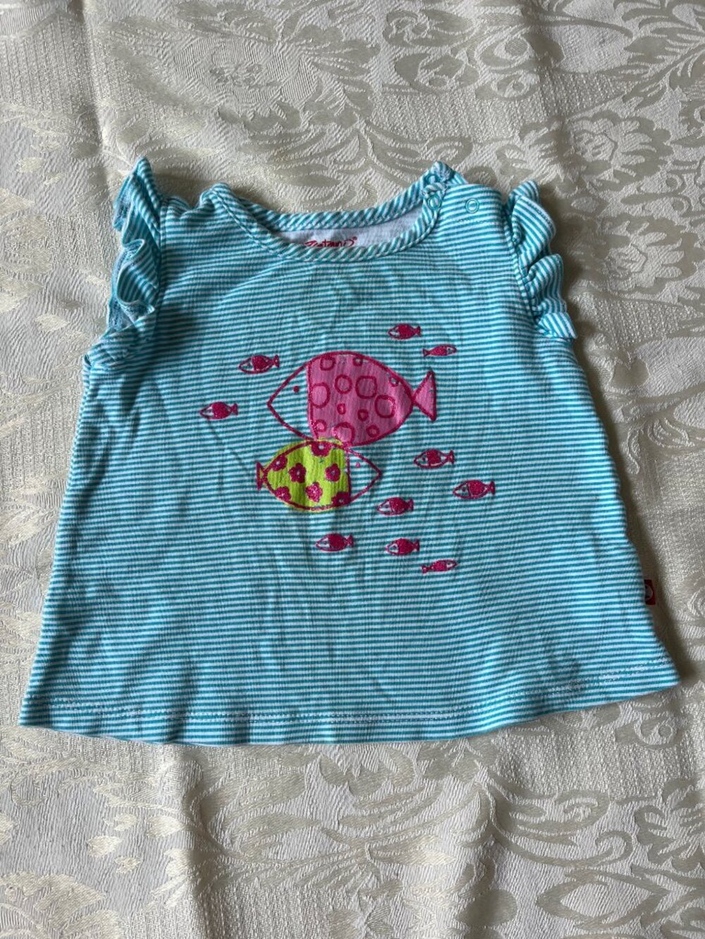 Zutano 24M Teal Stripe Fish Flutter Sleeve Top EUC